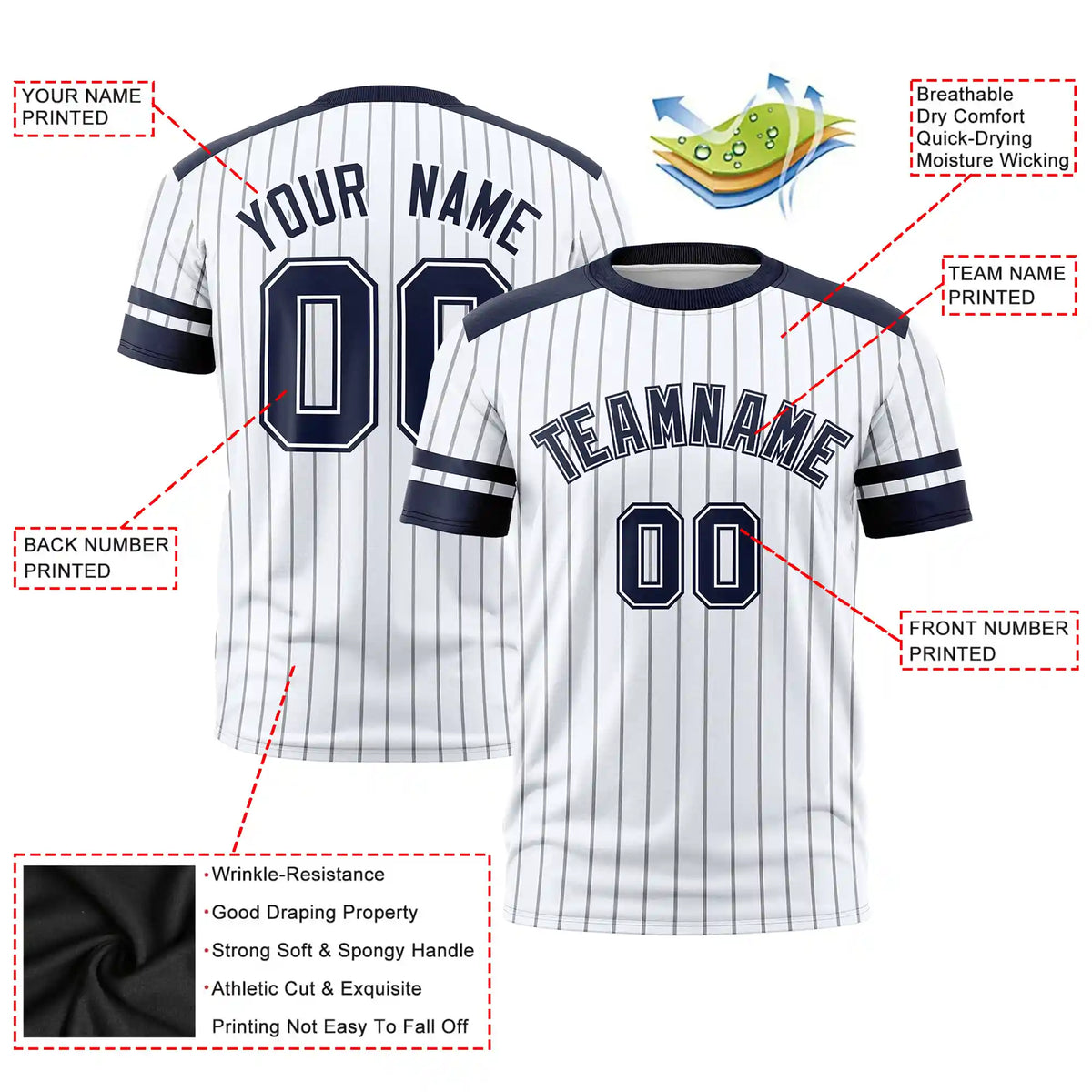 Custom White Gray-Navy Pinstripe Pattern Design Performance T-Shirt