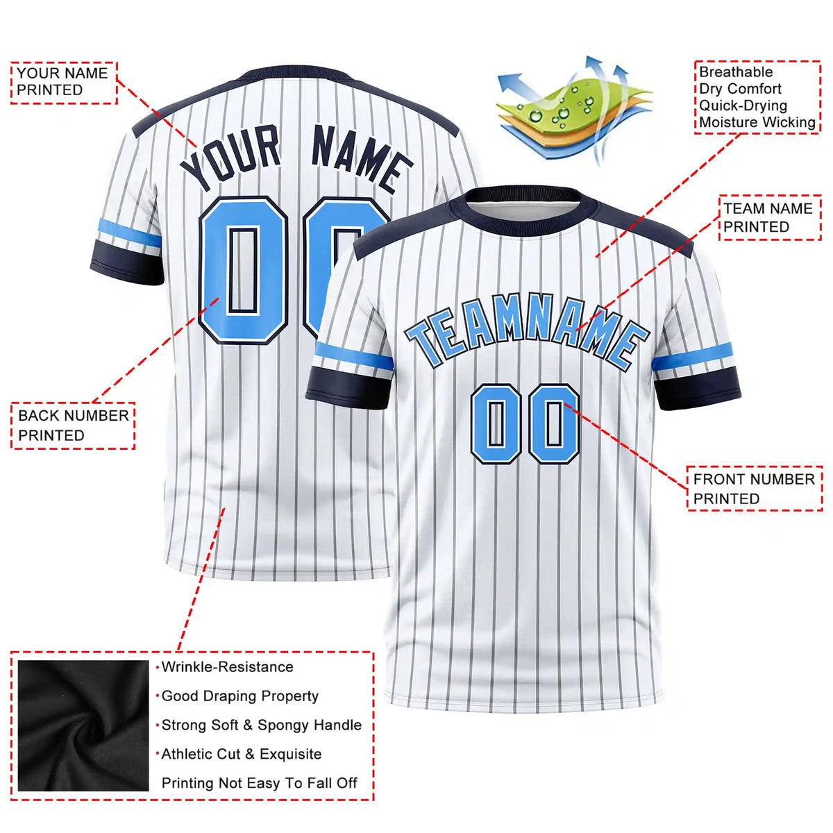 Custom White Gray-Navy Pinstripe Pattern Design Performance T-Shirt