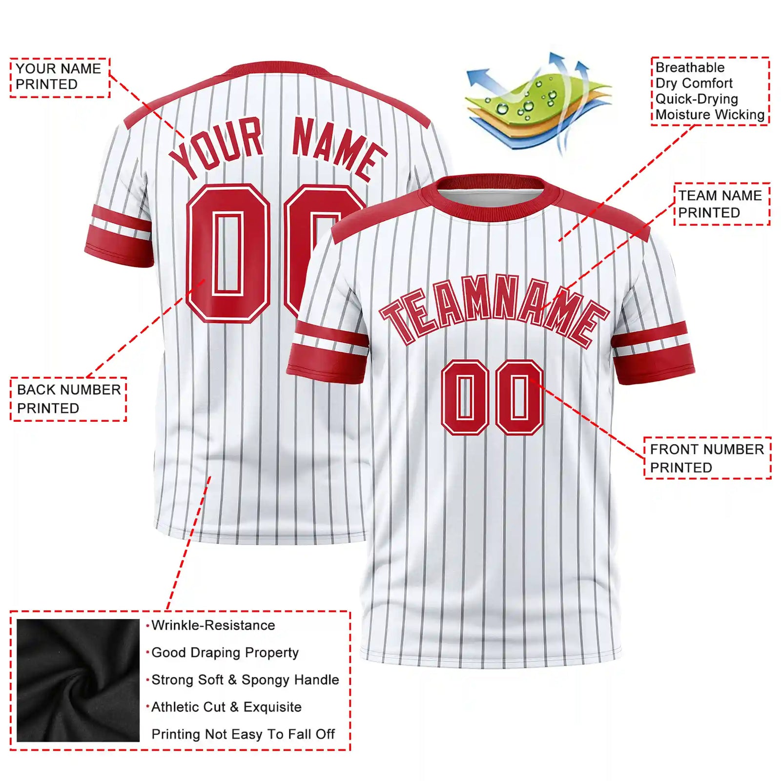 Custom White Gray-Red Pinstripe Pattern Design Performance T-Shirt