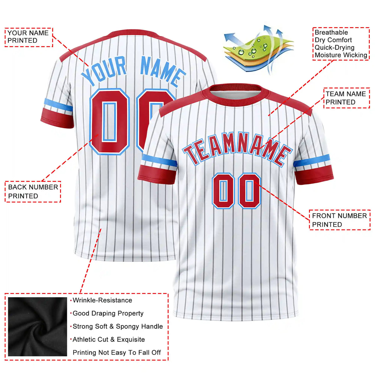 Custom White Gray-Red Pinstripe Pattern Design Performance T-Shirt