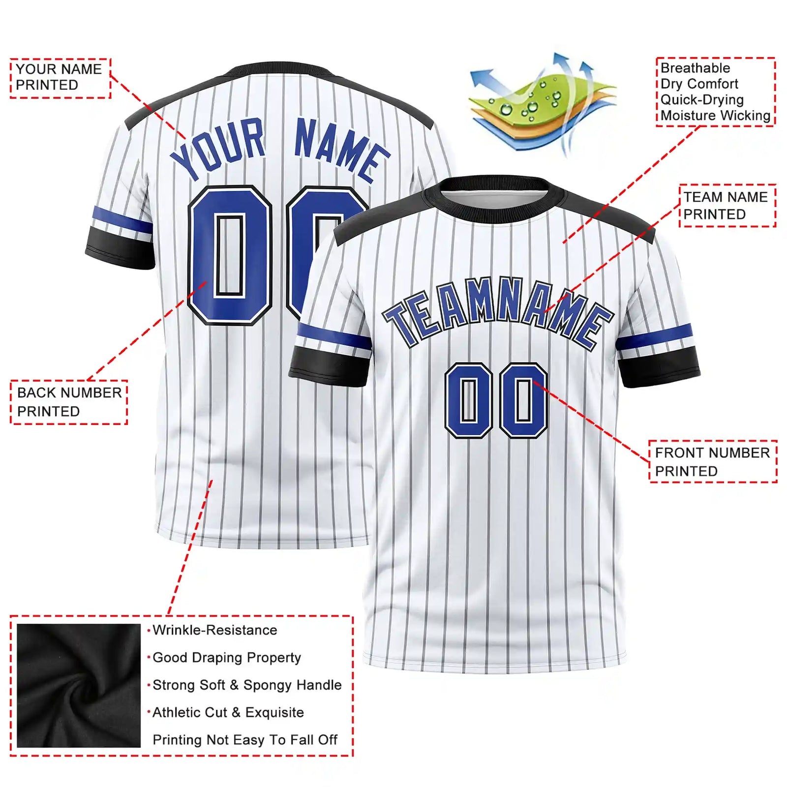 Custom White Black-Royal Blue Pinstripe Pattern Design Performance T-Shirt