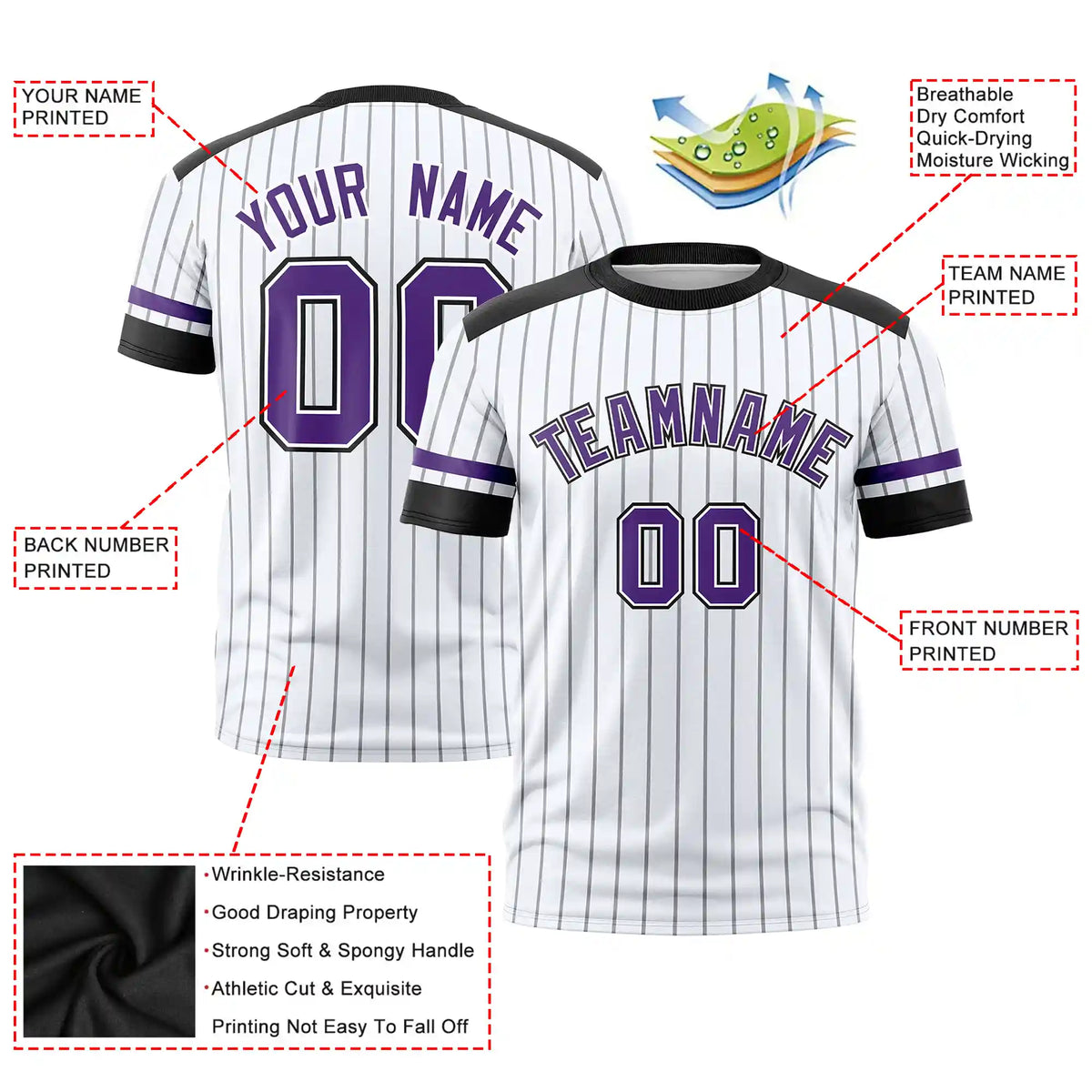 Custom White Black-Purple Pinstripe Pattern Design Performance T-Shirt