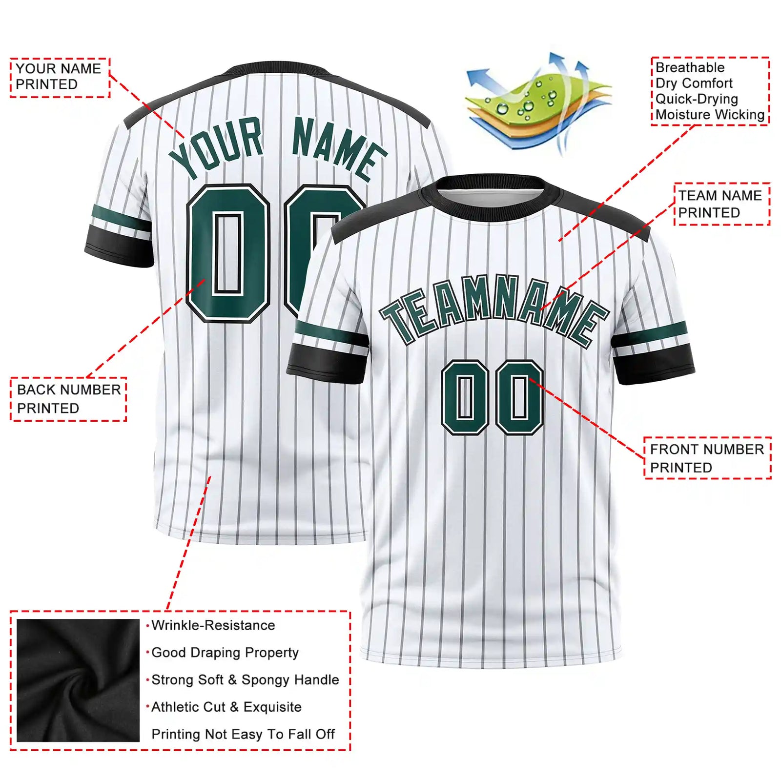 Custom White Black-Midnight Green Pinstripe Pattern Design Performance T-Shirt