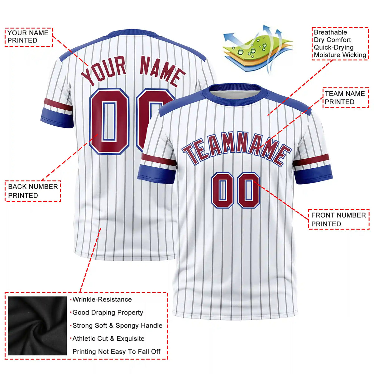 Custom White Black-Crimson Pinstripe Pattern Design Performance T-Shirt