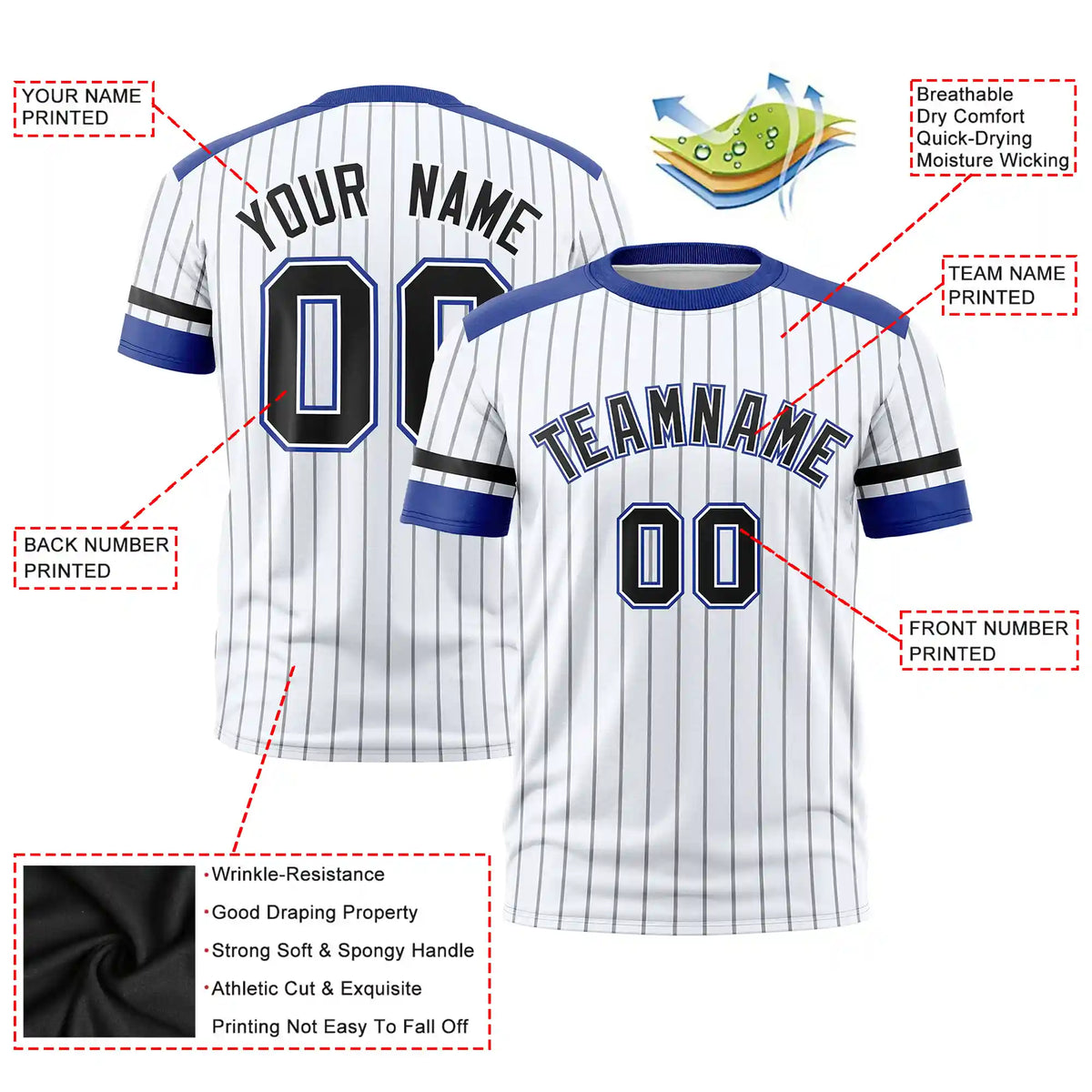 Custom White Black-Royal Blue Pinstripe Pattern Design Performance T-Shirt