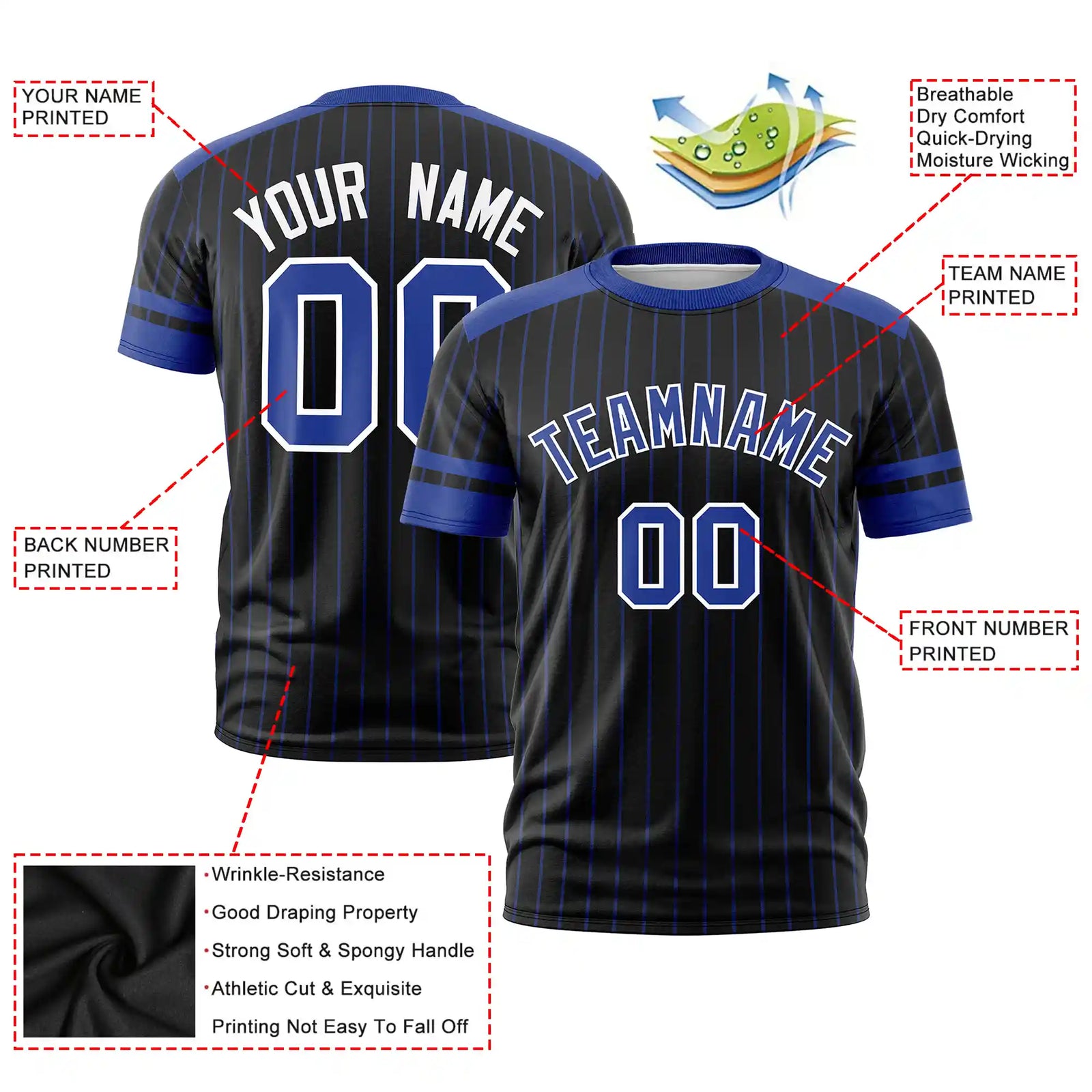 Custom Black Royal Blue-White Pinstripe Pattern Design Performance T-Shirt