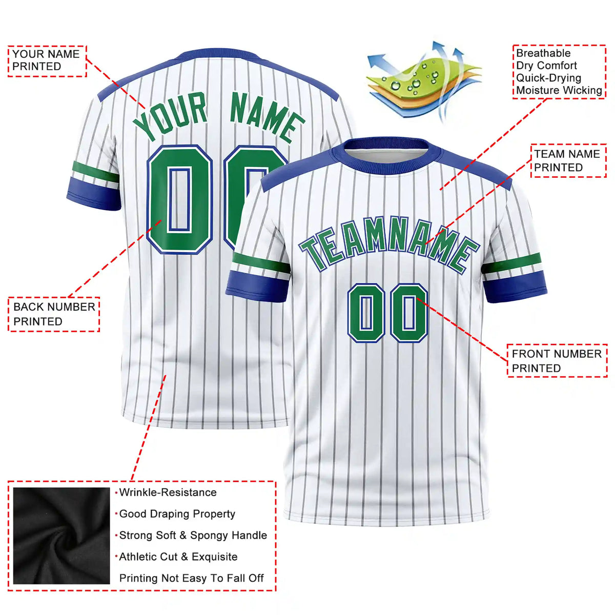 Custom White Black-Kelly Green Pinstripe Pattern Design Performance T-Shirt