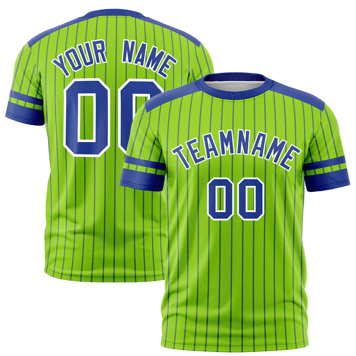 Custom Neon Green Royal Blue-White Pinstripe Pattern Design Performance T-Shirt
