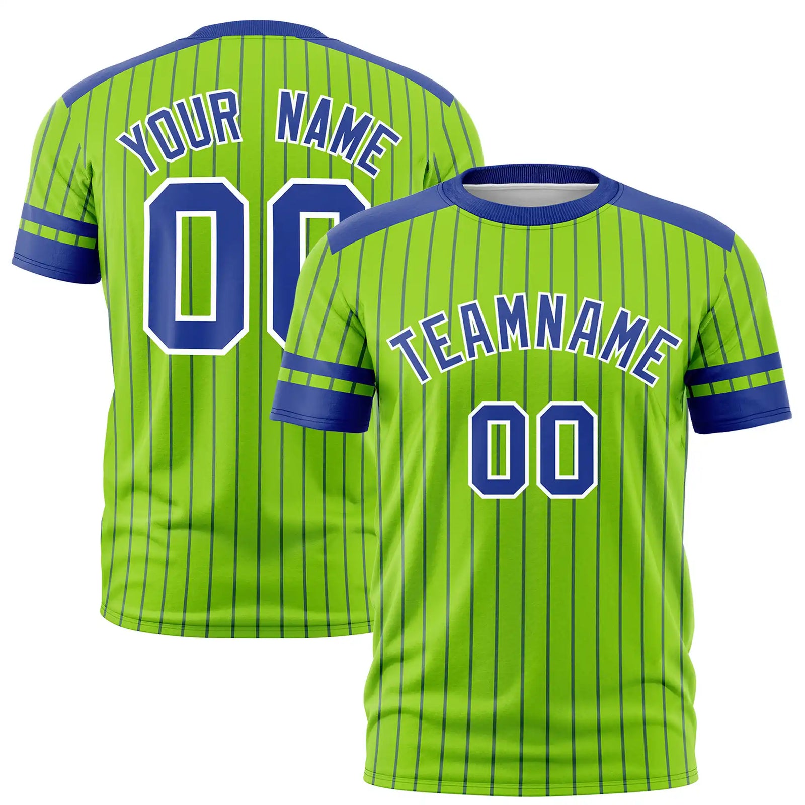 Custom Neon Green Royal Blue-White Pinstripe Pattern Design Performance T-Shirt