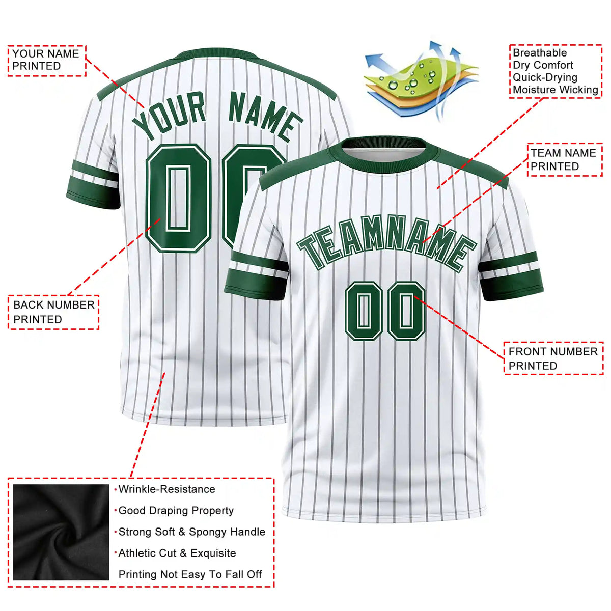 Custom White Black-Green Pinstripe Pattern Design Performance T-Shirt