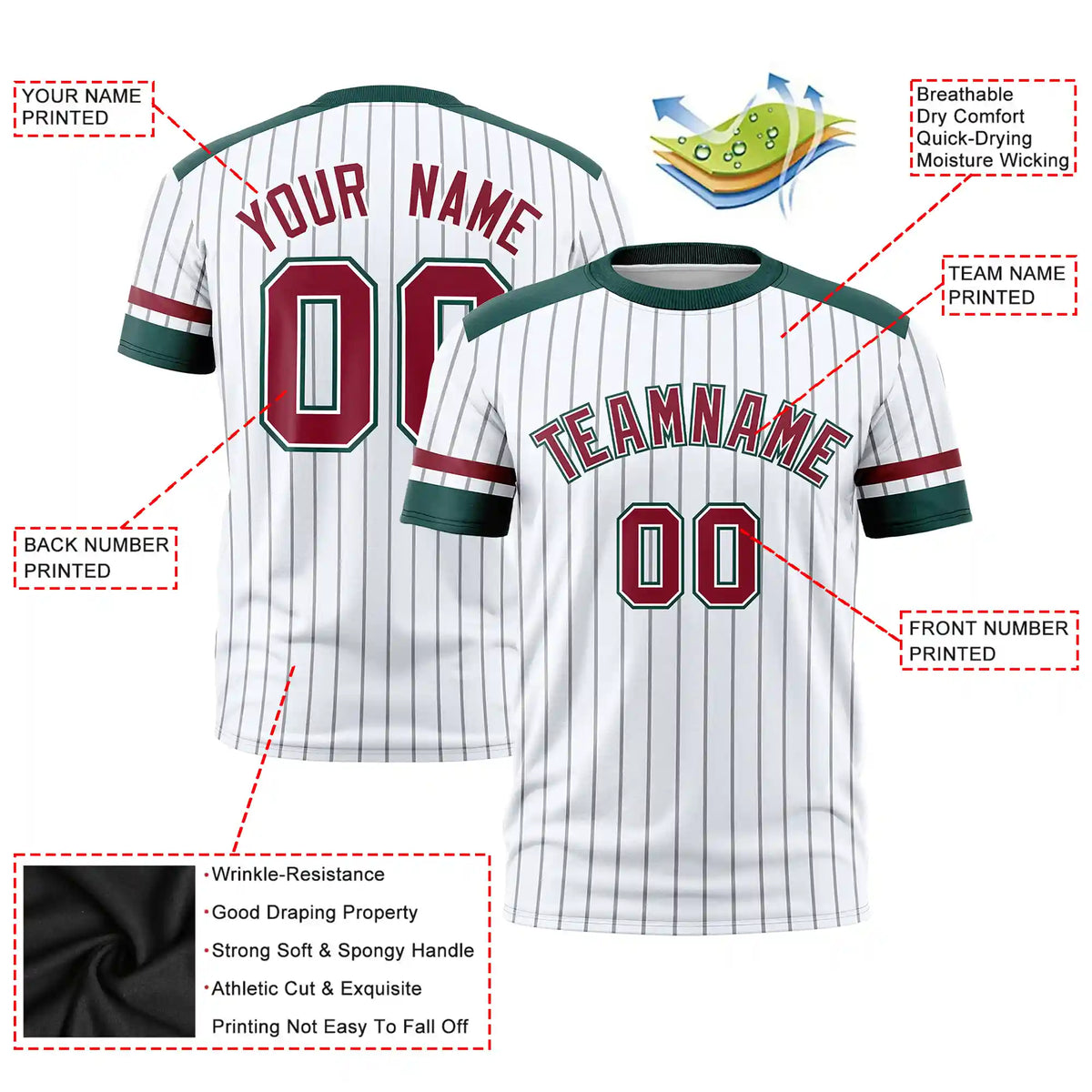 Custom White Black-Crimson Pinstripe Pattern Design Performance T-Shirt