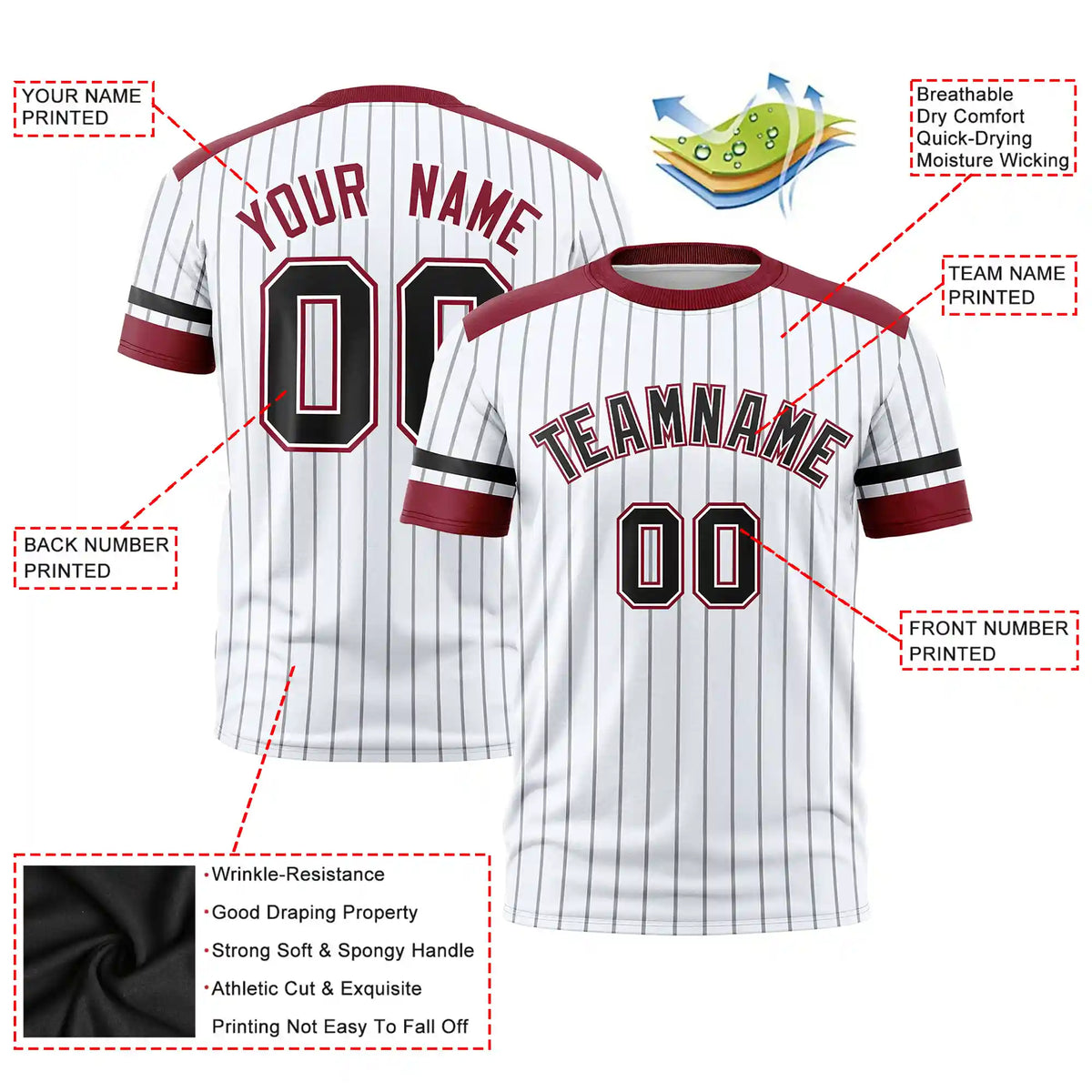 Custom White Black-Crimson Pinstripe Pattern Design Performance T-Shirt