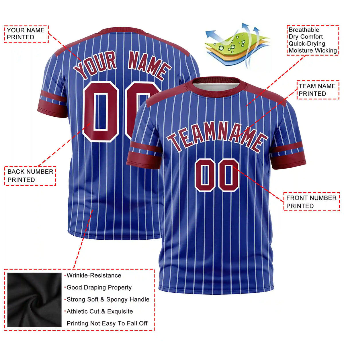 Custom Royal Blue White-Crimson Pinstripe Pattern Design Performance T-Shirt