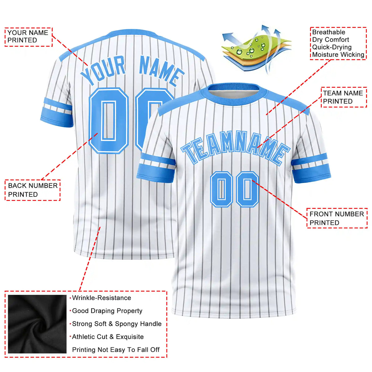 Custom White Gray-Powder Blue Pinstripe Pattern Design Performance T-Shirt