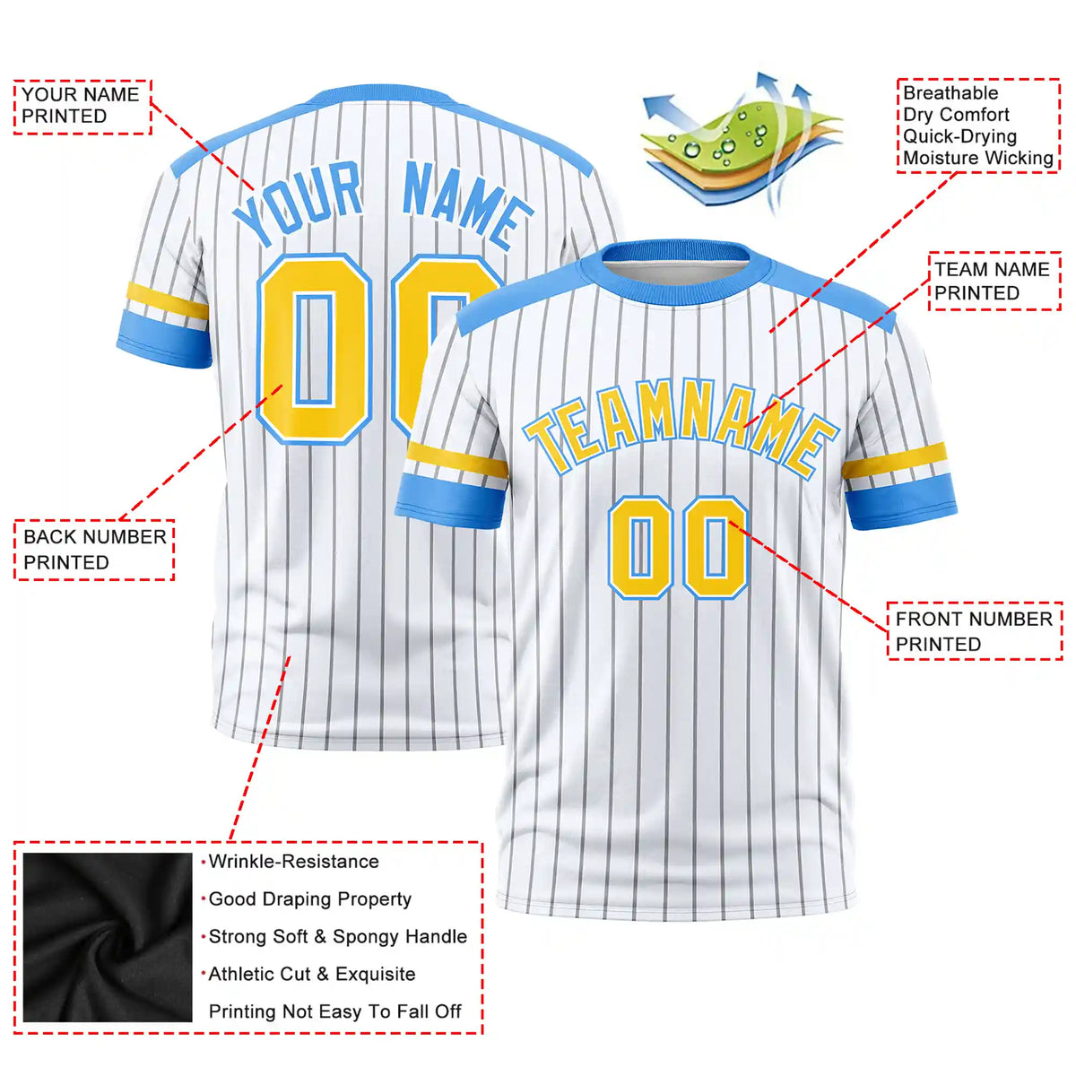 Custom White Gray-Powder Blue Pinstripe Pattern Design Performance T-Shirt