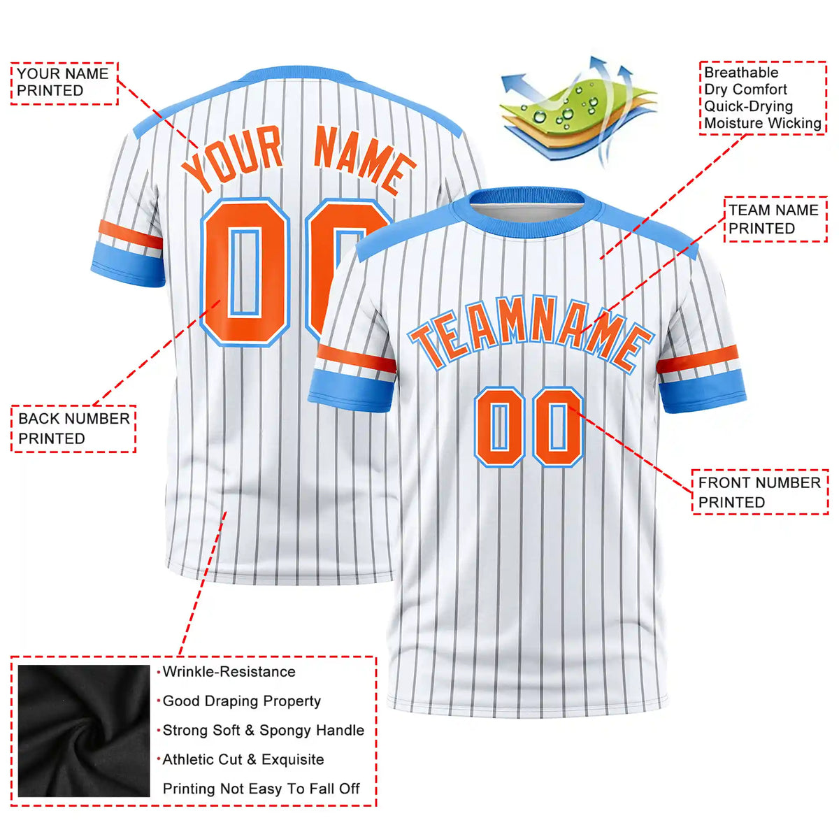 Custom White Gray-Powder Blue Pinstripe Pattern Design Performance T-Shirt