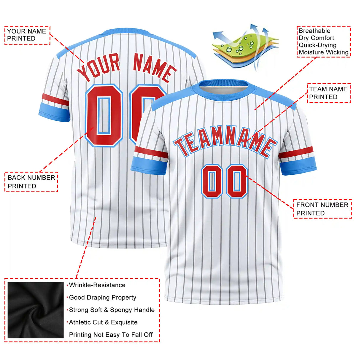 Custom White Gray-Powder Blue Pinstripe Pattern Design Performance T-Shirt