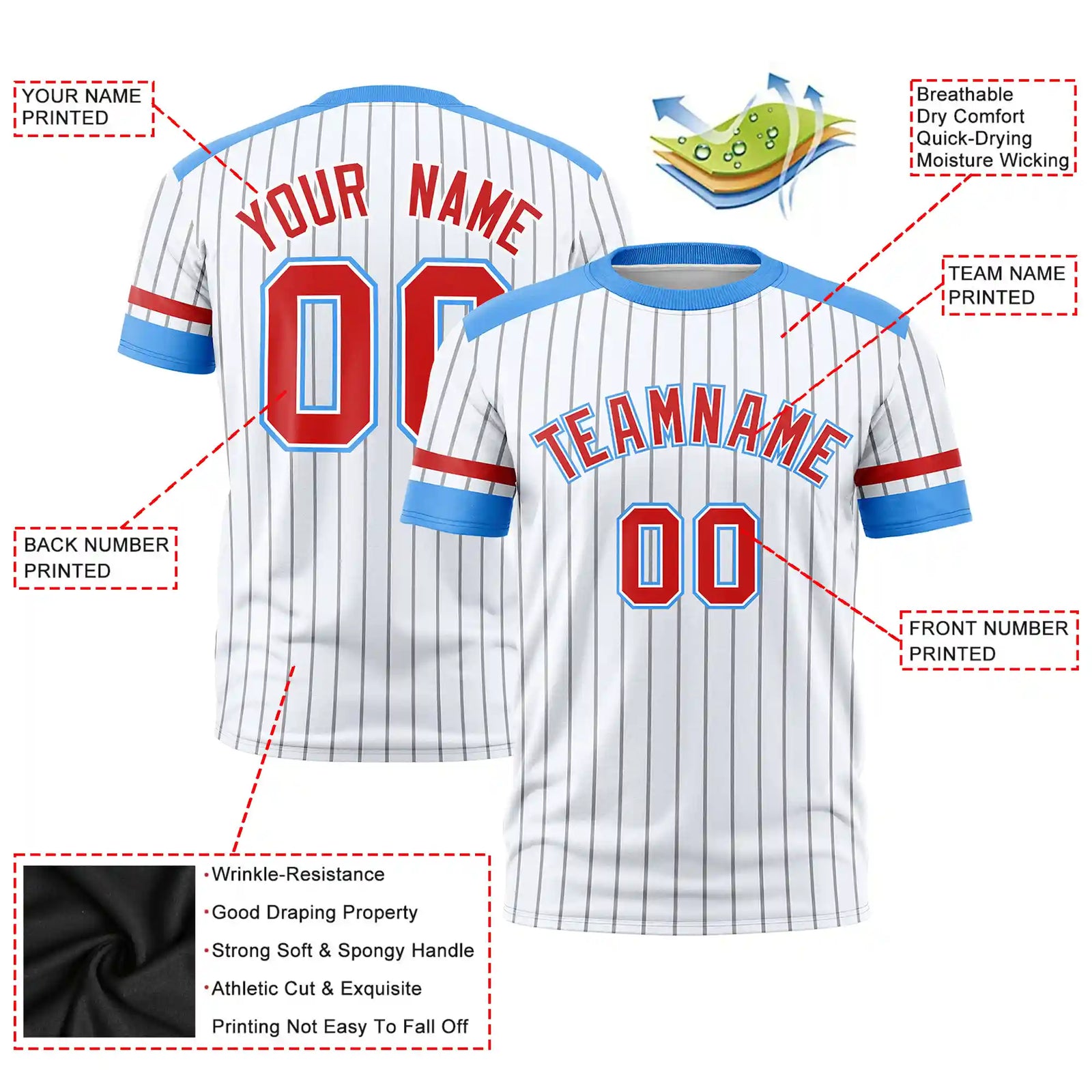 Custom White Gray-Powder Blue Pinstripe Pattern Design Performance T-Shirt