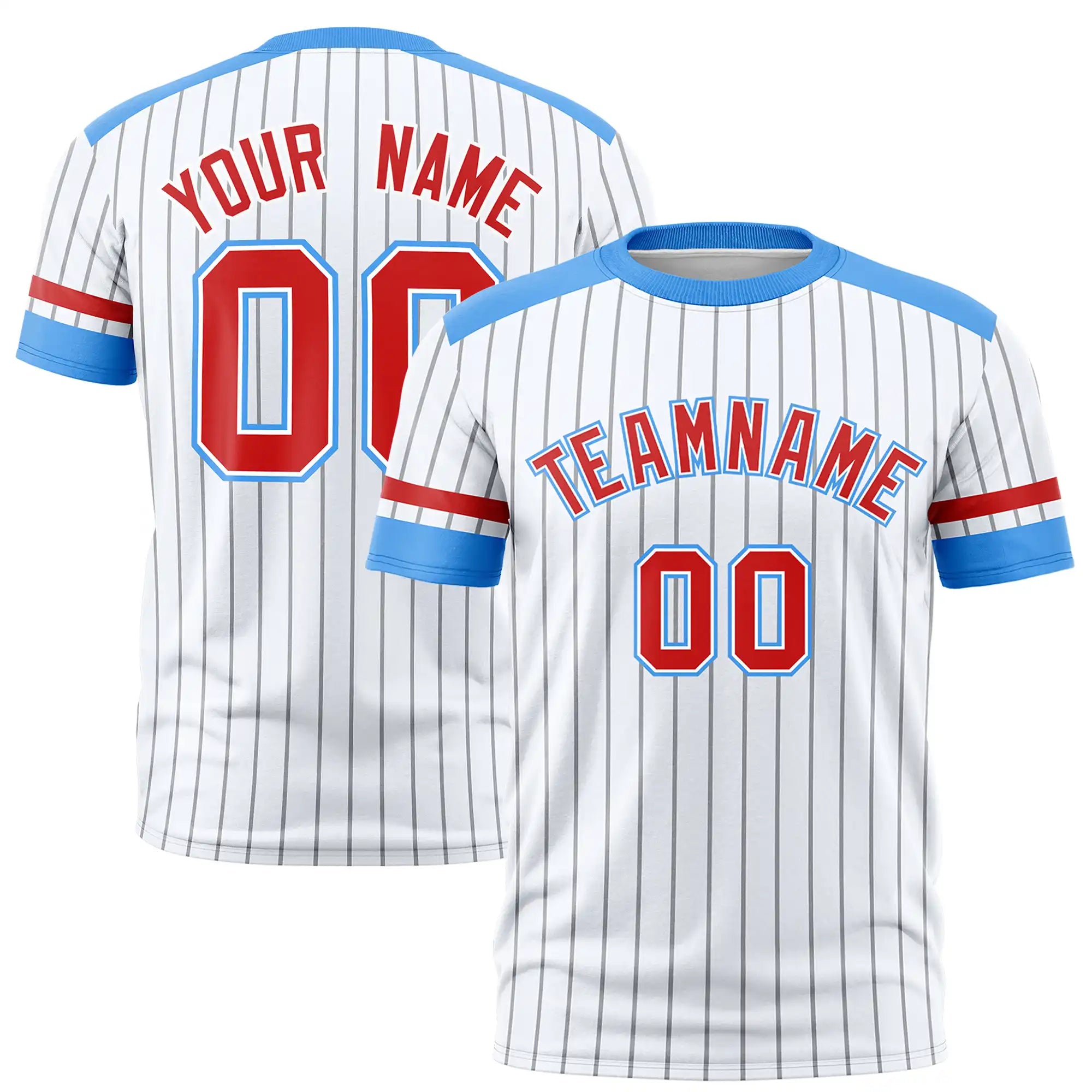 Custom White Gray-Powder Blue Pinstripe Pattern Design Performance T-Shirt