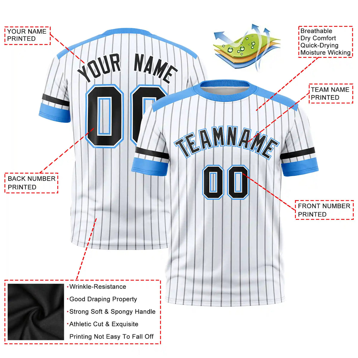 Custom White Gray-Powder Blue Pinstripe Pattern Design Performance T-Shirt