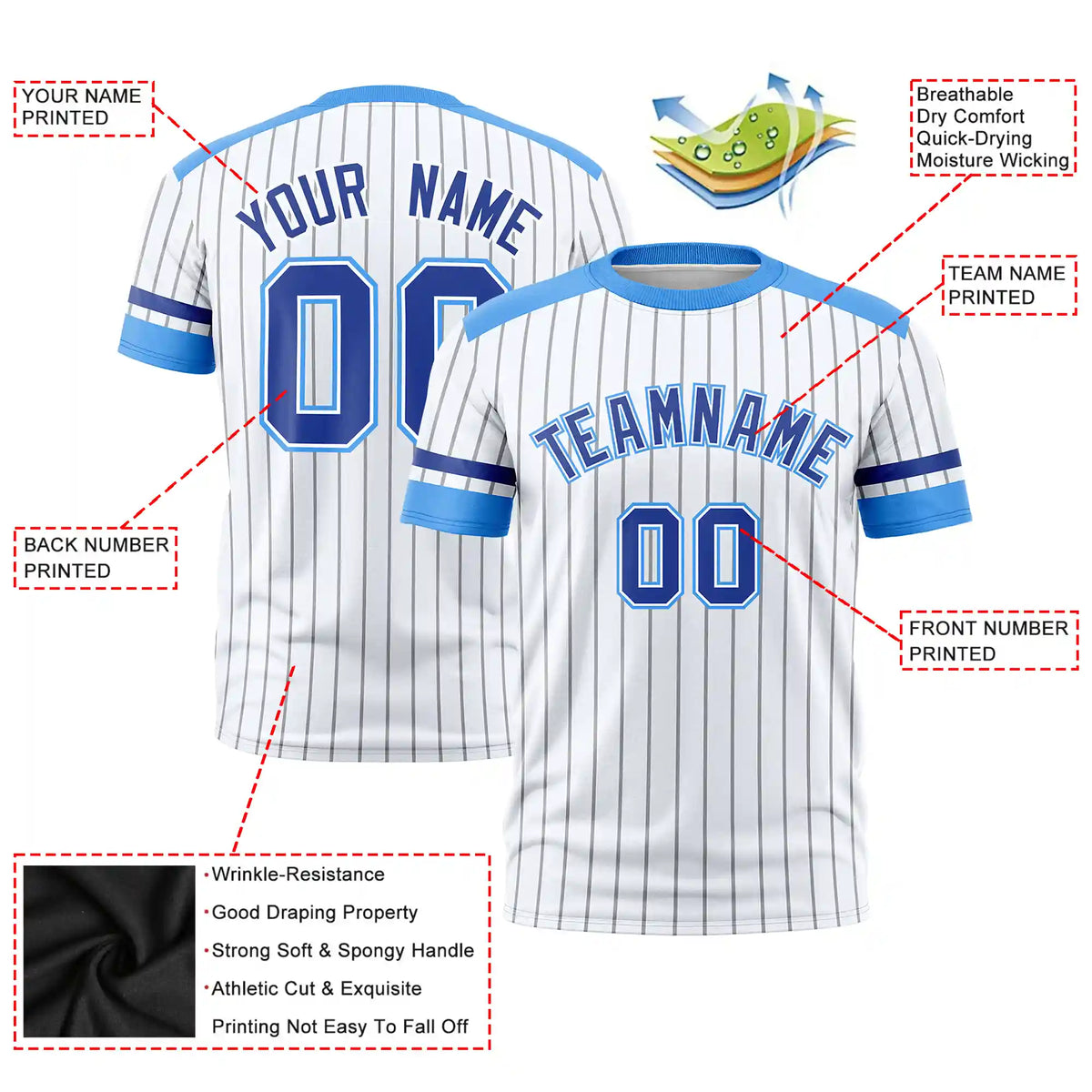 Custom White Gray-Powder Blue Pinstripe Pattern Design Performance T-Shirt