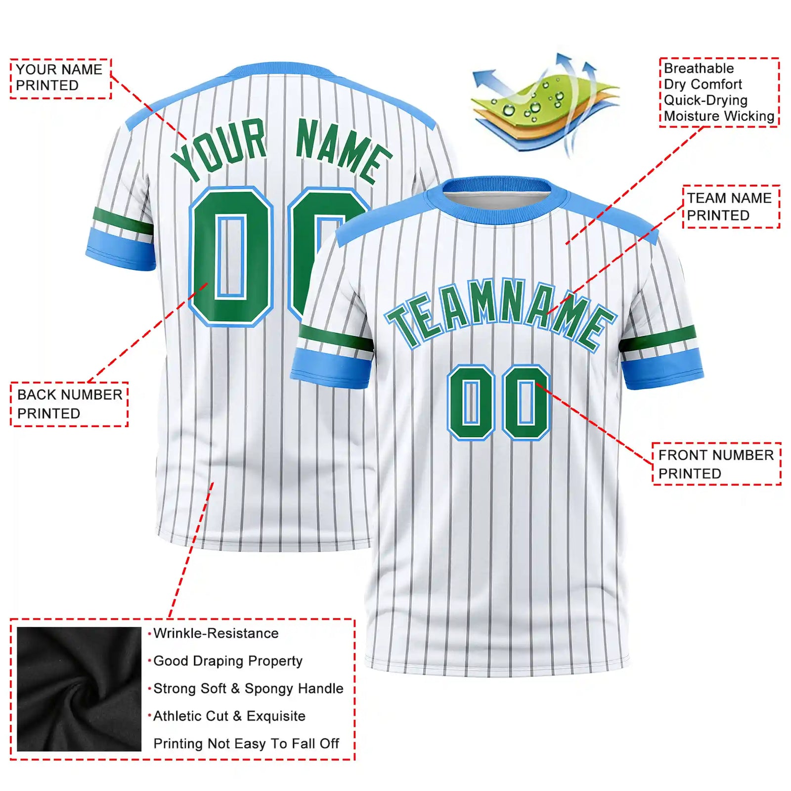 Custom White Gray-Powder Blue Pinstripe Pattern Design Performance T-Shirt