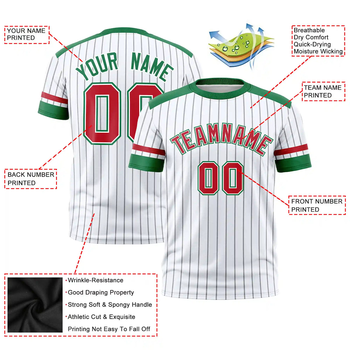 Custom White Gray-Kelly Green Pinstripe Pattern Design Performance T-Shirt