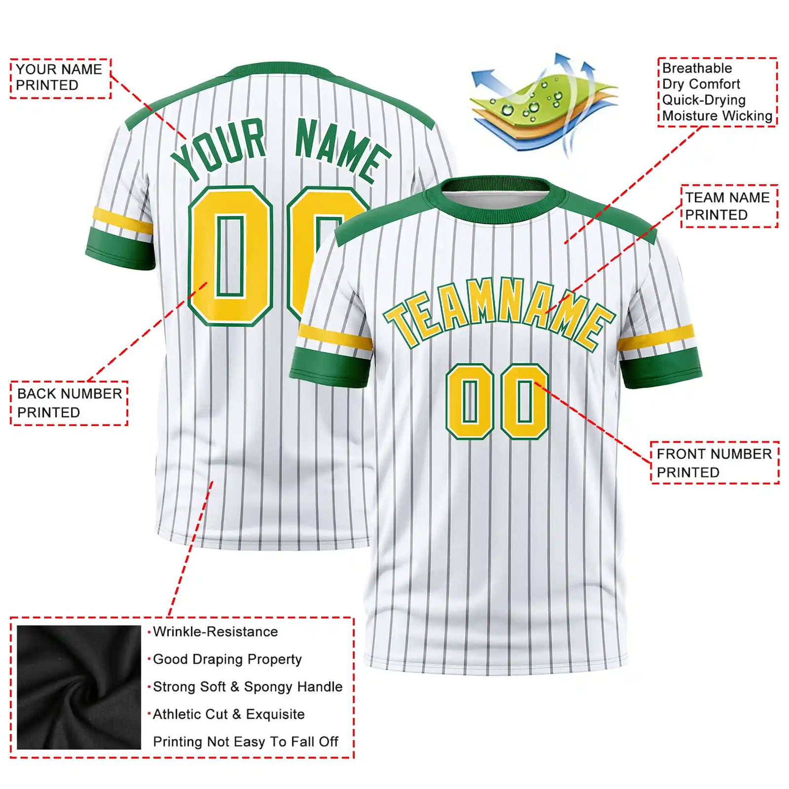 Custom White Gray-Kelly Green Pinstripe Pattern Design Performance T-Shirt