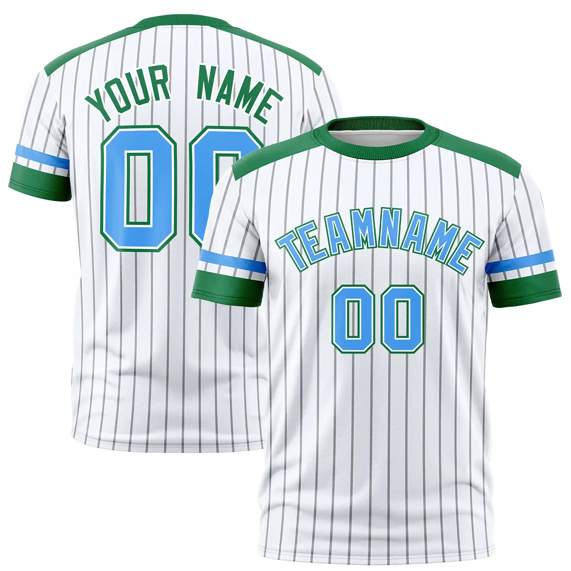 Custom White Gray-Kelly Green Pinstripe Pattern Design Performance T-Shirt