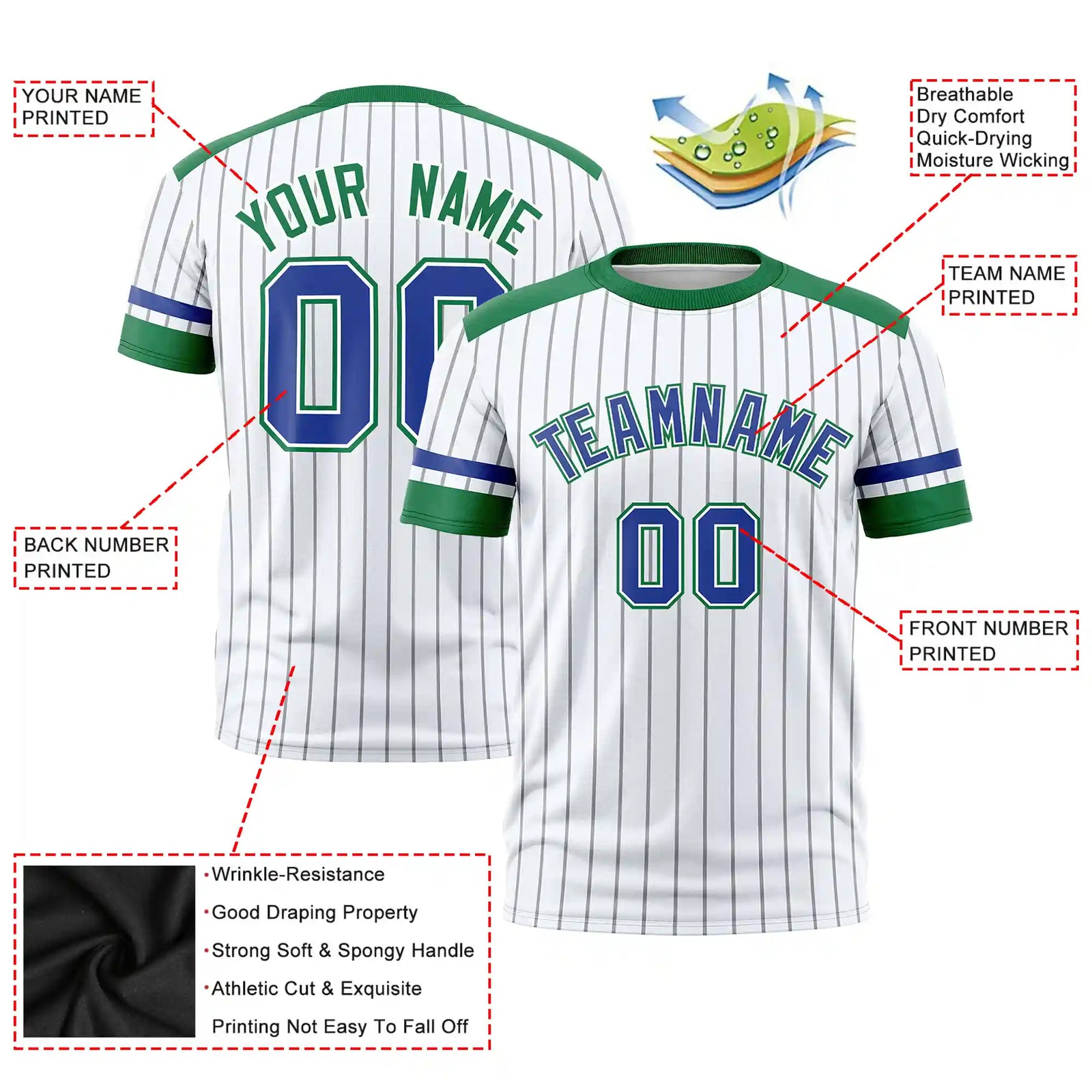 Custom White Gray-Kelly Green Pinstripe Pattern Design Performance T-Shirt