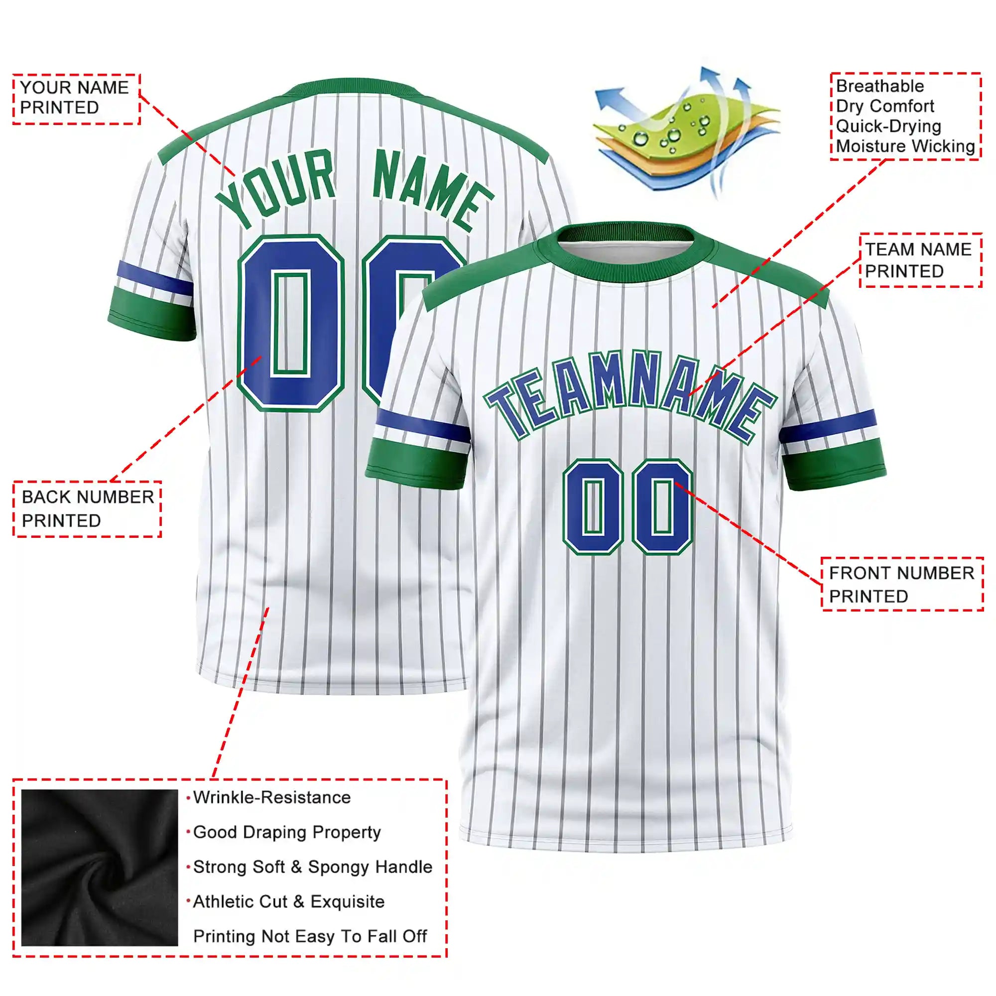 Custom White Gray-Kelly Green Pinstripe Pattern Design Performance T-Shirt