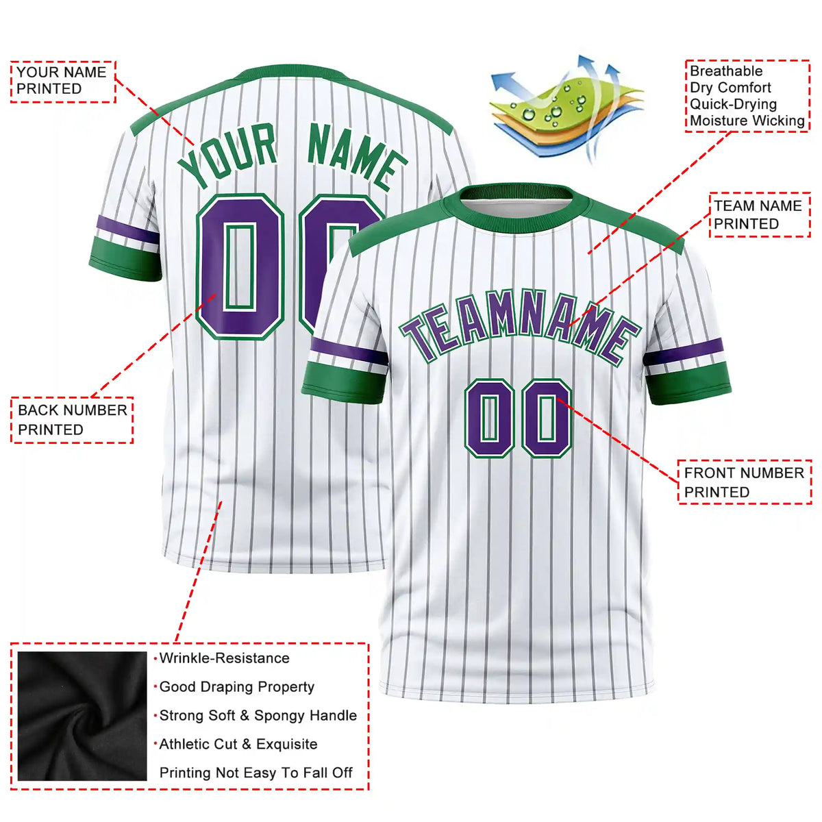 Custom White Gray-Kelly Green Pinstripe Pattern Design Performance T-Shirt