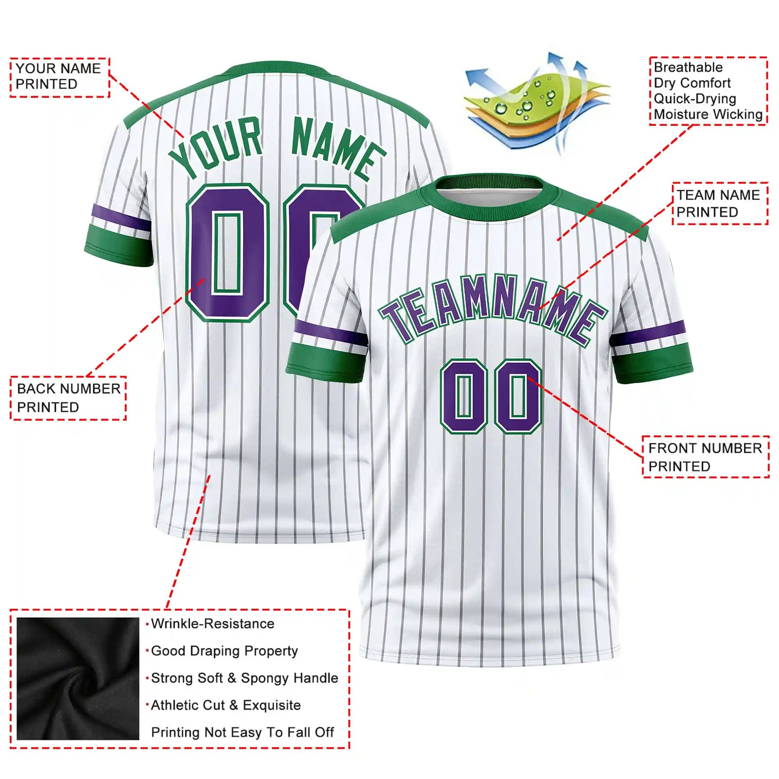 Custom White Gray-Kelly Green Pinstripe Pattern Design Performance T-Shirt