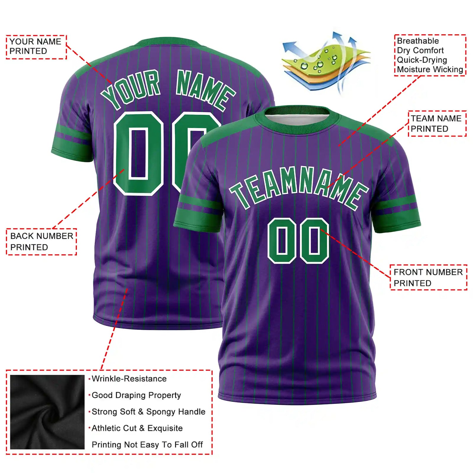 Custom Purple Kelly Green-Kelly Green Pinstripe Pattern Design Performance T-Shirt
