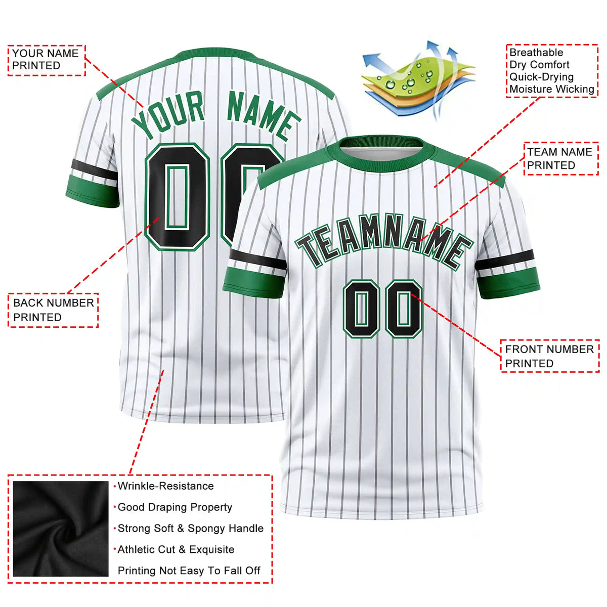 Custom White Gray-Kelly Green Pinstripe Pattern Design Performance T-Shirt