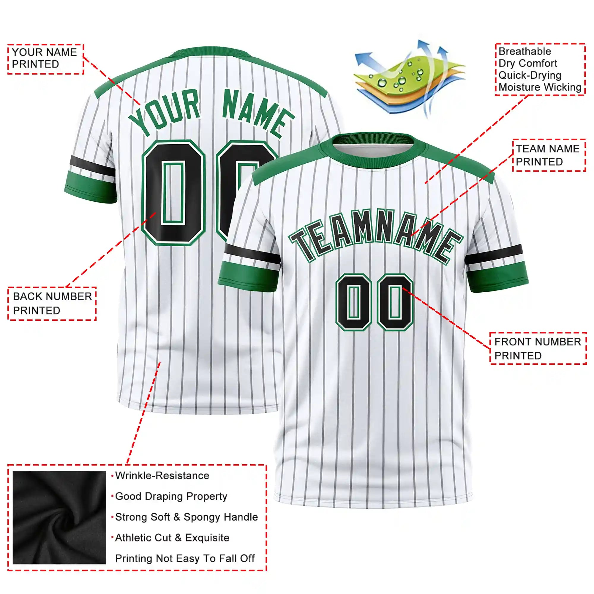 Custom White Gray-Kelly Green Pinstripe Pattern Design Performance T-Shirt