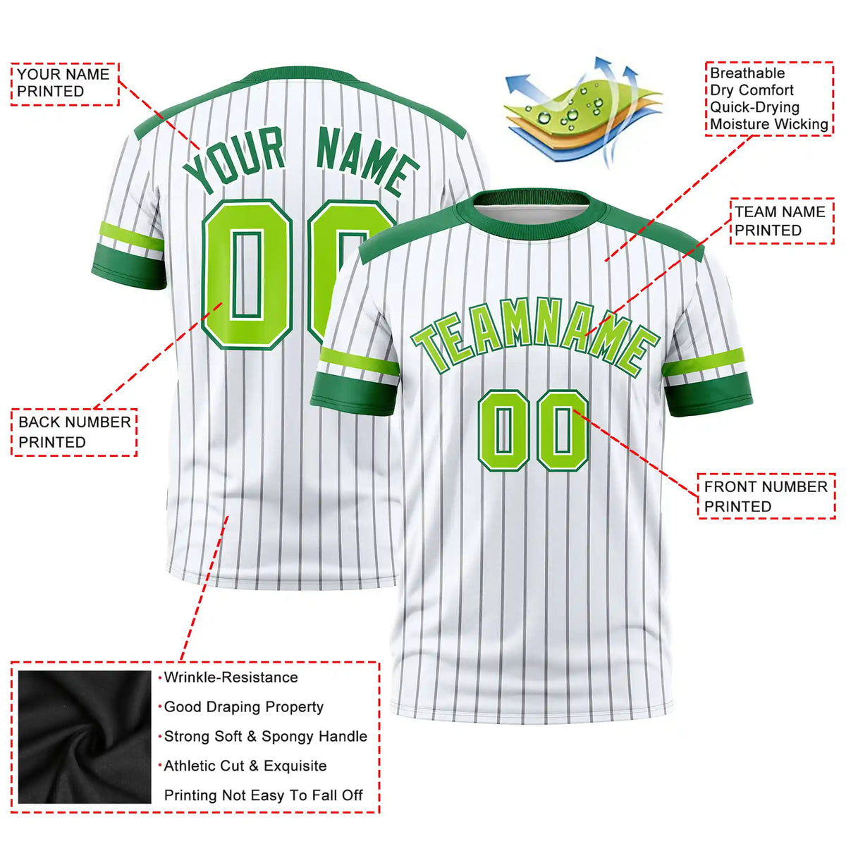 Custom White Gray-Kelly Green Pinstripe Pattern Design Performance T-Shirt