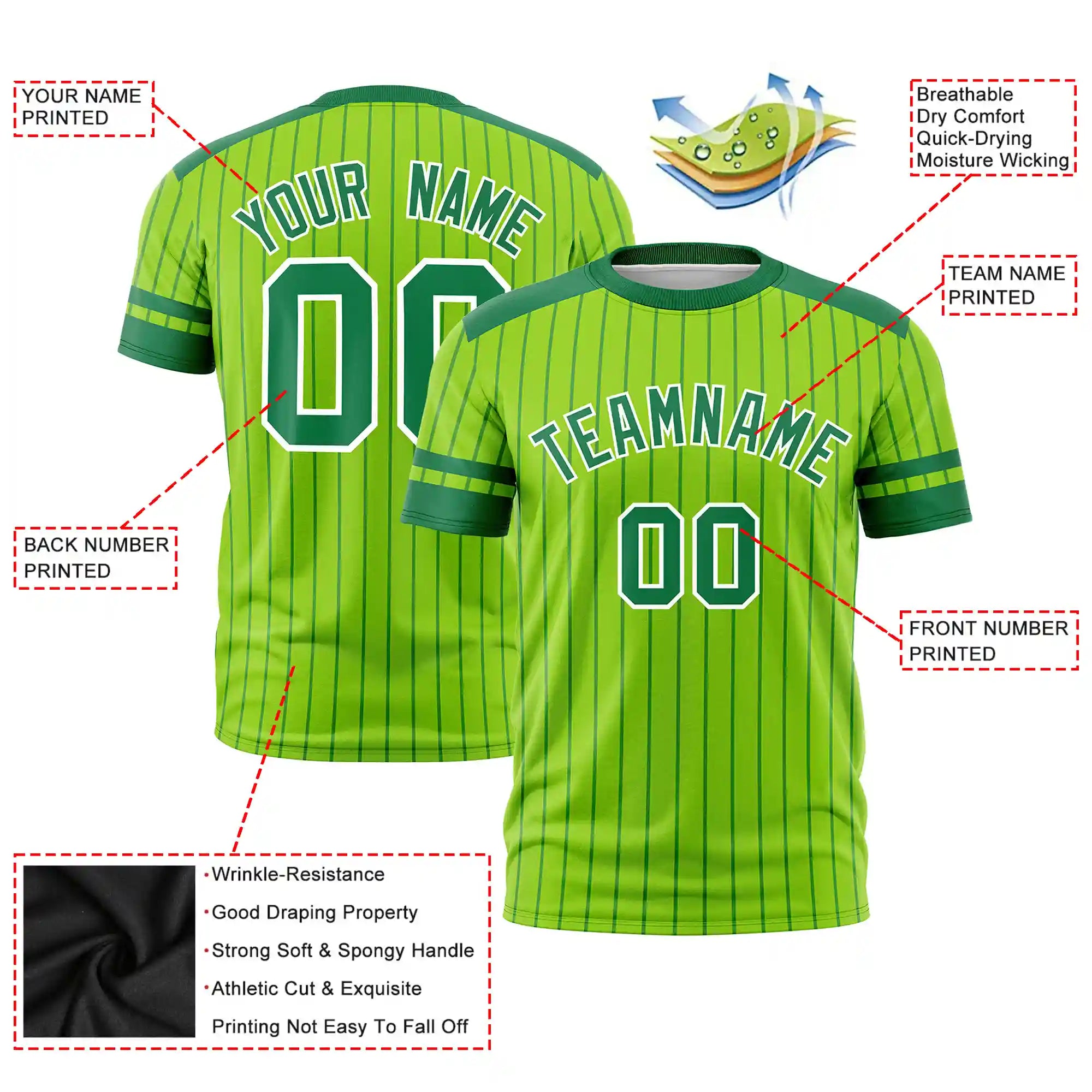 Custom Neon Green Kelly Green-Kelly Green Pinstripe Pattern Design Performance T-Shirt