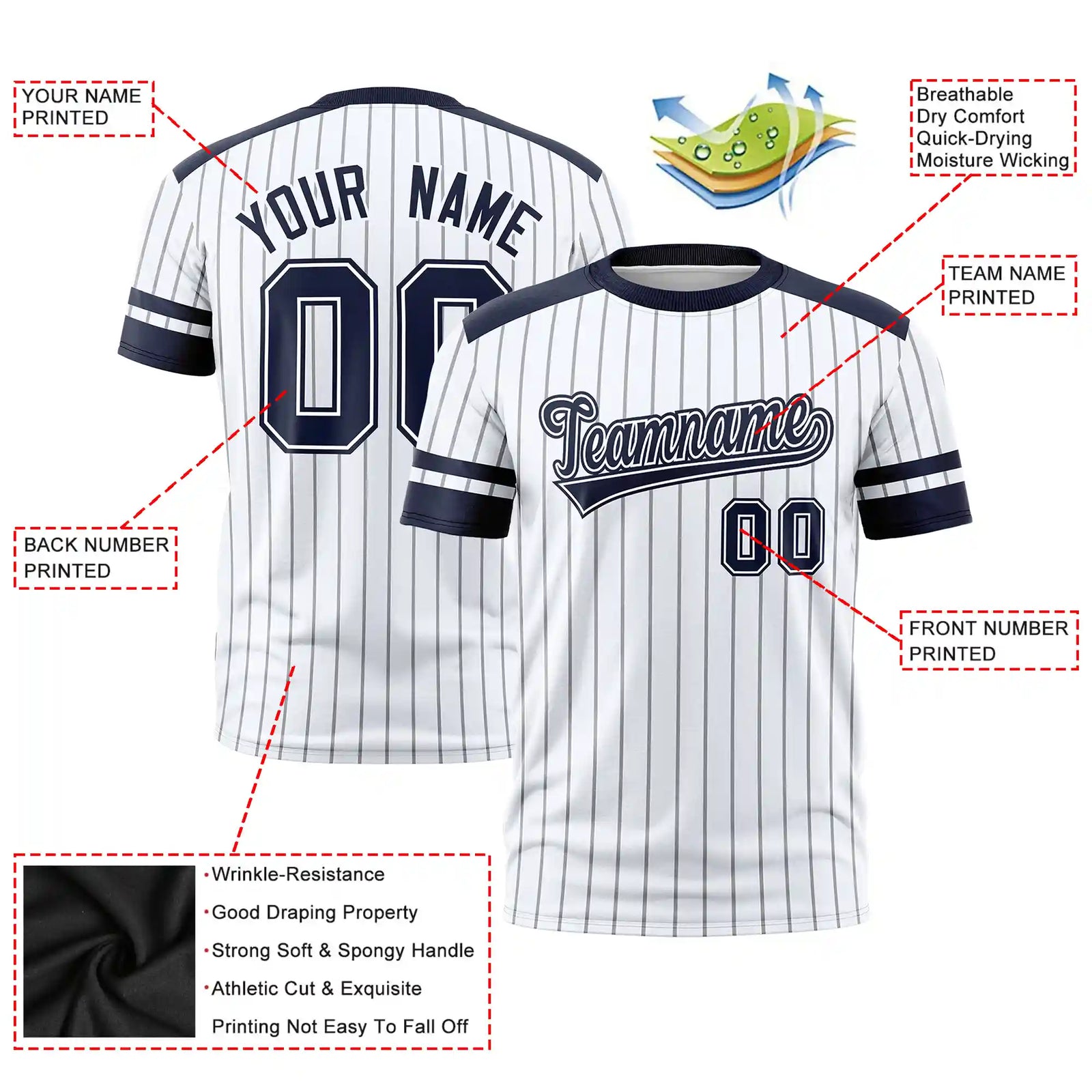 Custom White Gray-Navy Pinstripe Pattern Design Performance T-Shirt