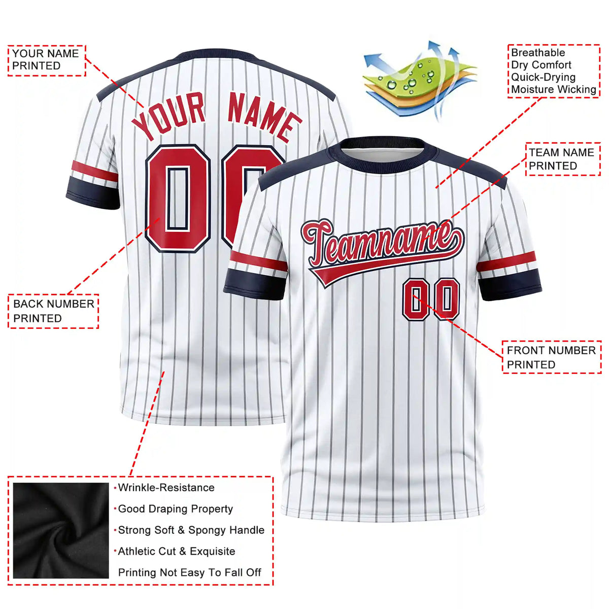 Custom White Gray-Navy Pinstripe Pattern Design Performance T-Shirt