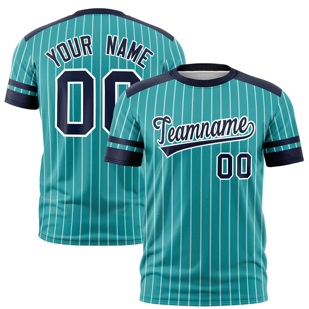 Custom Aqua White-Navy Pinstripe Pattern Design Performance T-Shirt