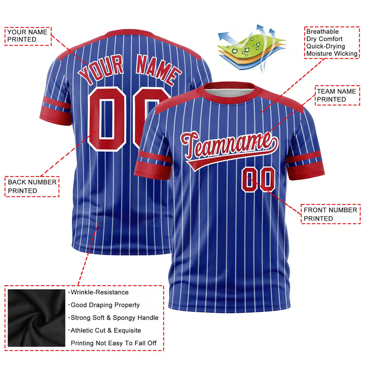 Custom Royal Blue White-Red Pinstripe Pattern Design Performance T-Shirt