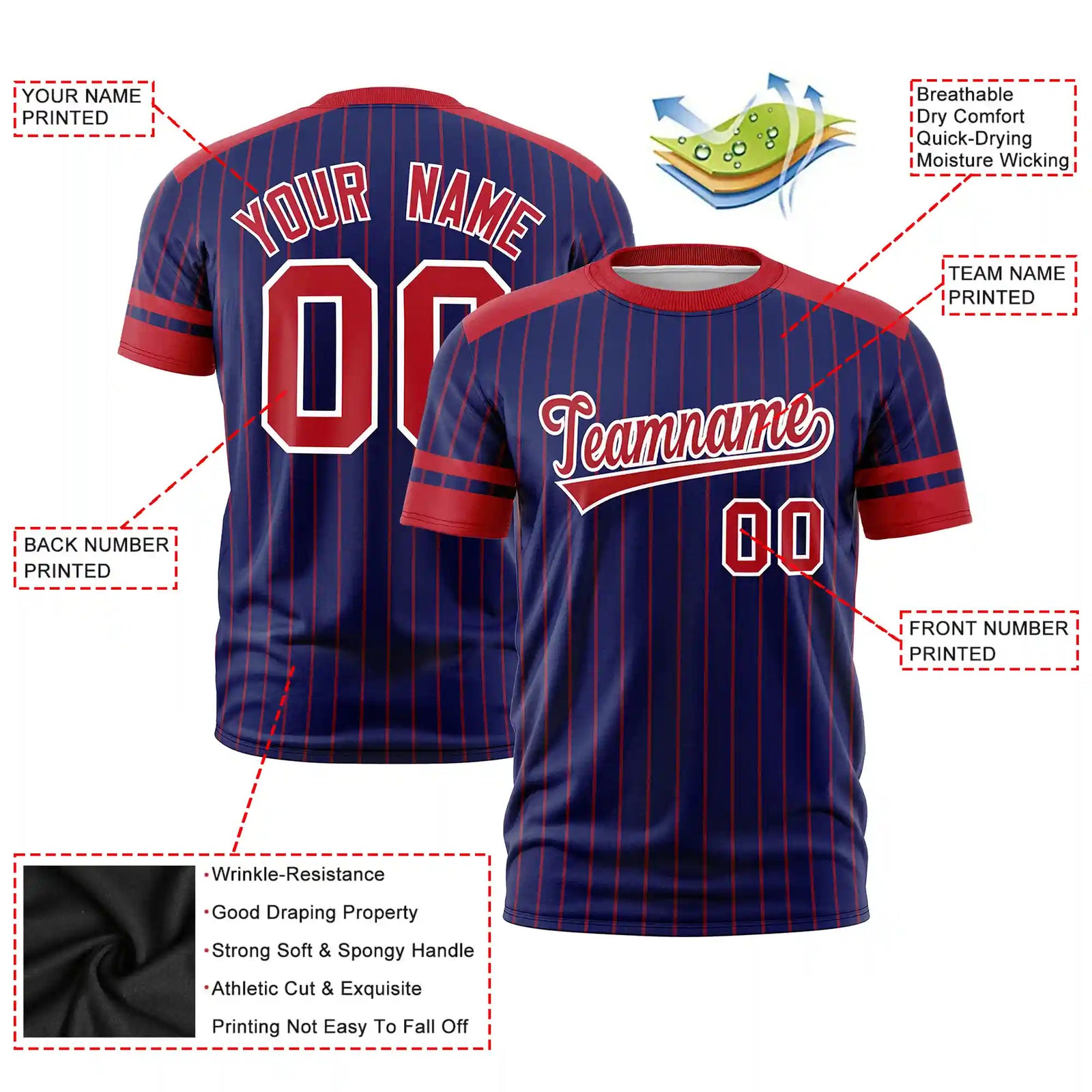 Custom Royal Blue Red-Red Pinstripe Pattern Design Performance T-Shirt