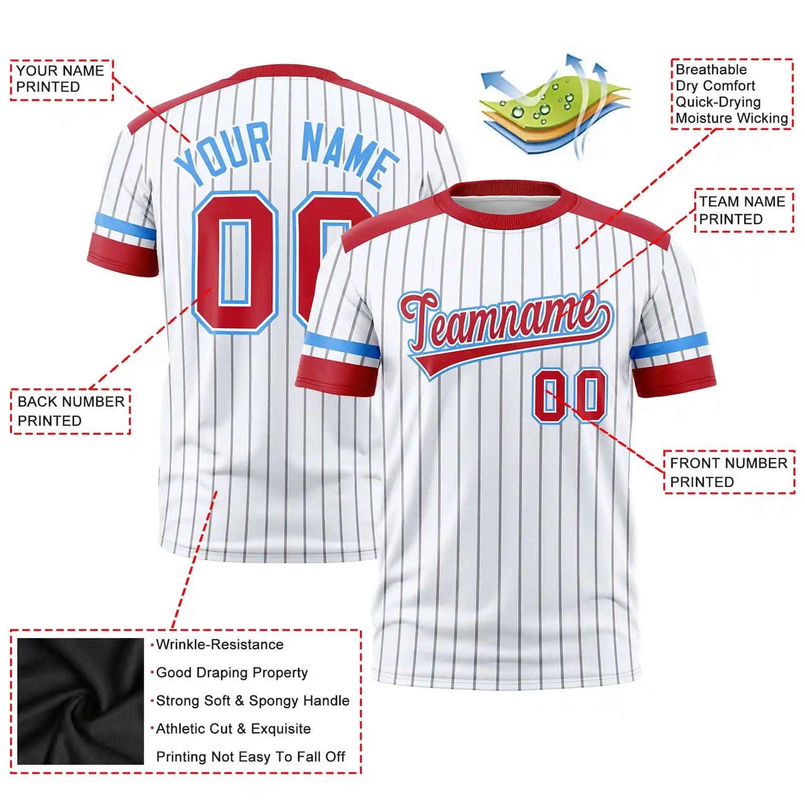 Custom White Gray-Red Pinstripe Pattern Design Performance T-Shirt