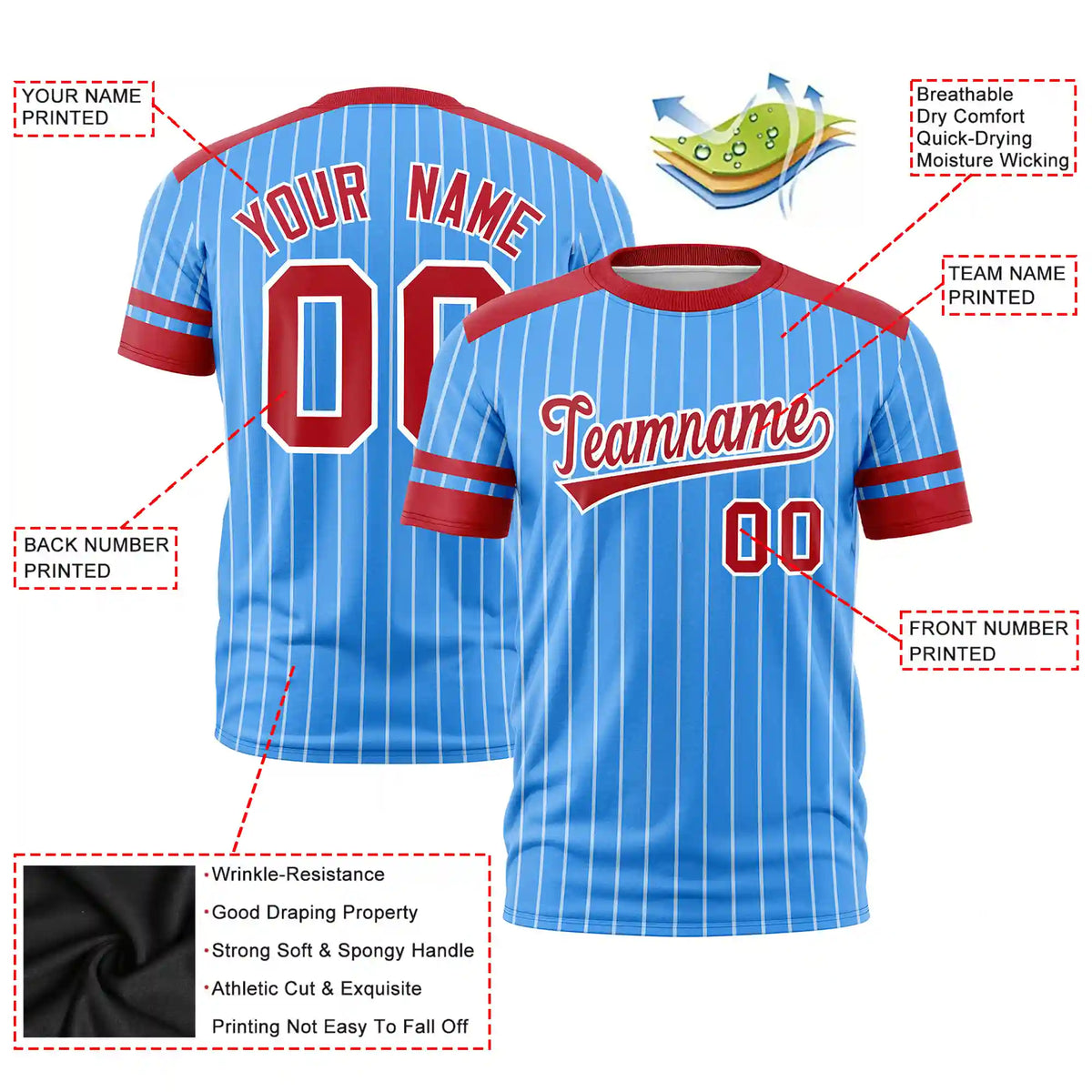 Custom Powder Blue White-Red Pinstripe Pattern Design Performance T-Shirt