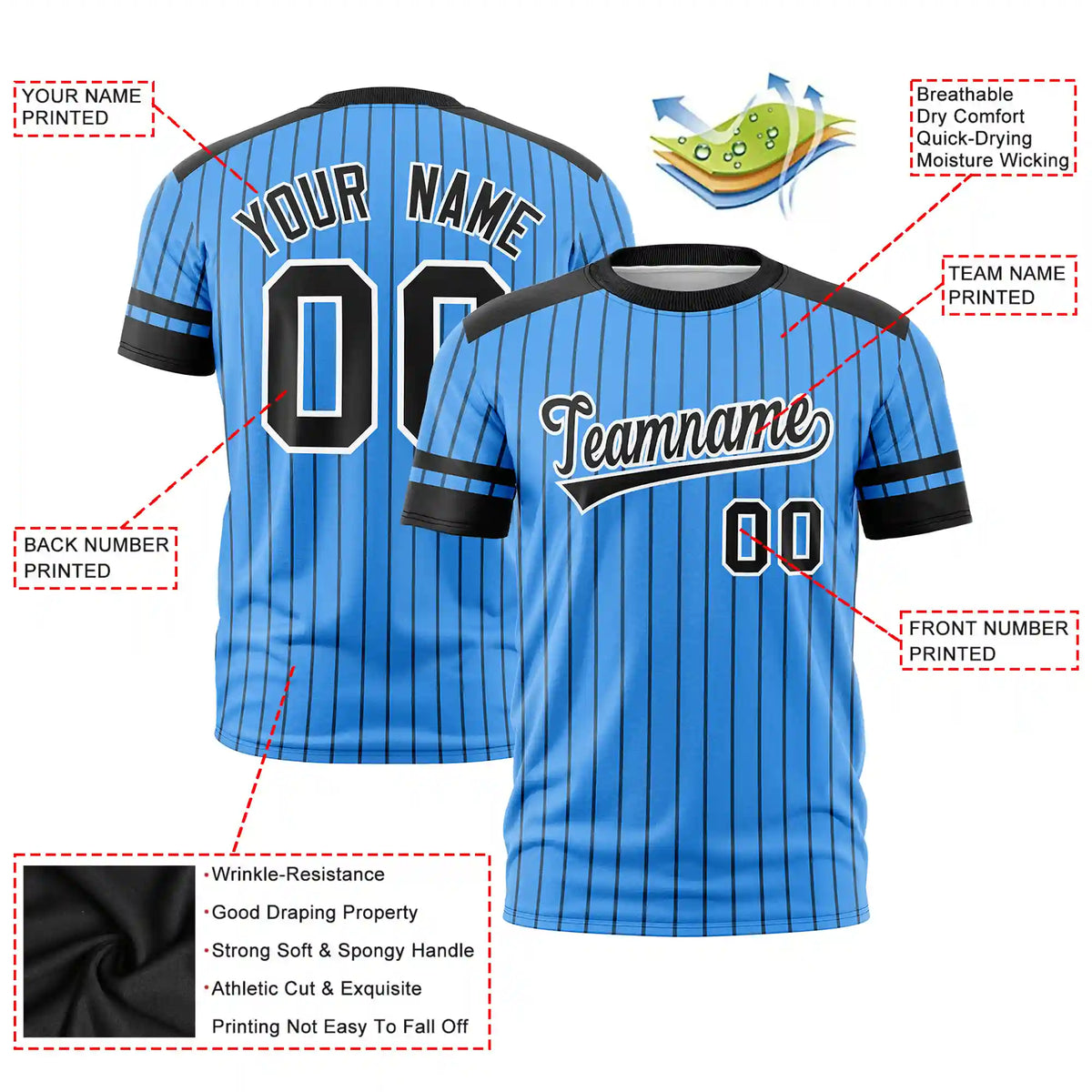 Custom Powder Blue Black-White Pinstripe Pattern Design Performance T-Shirt