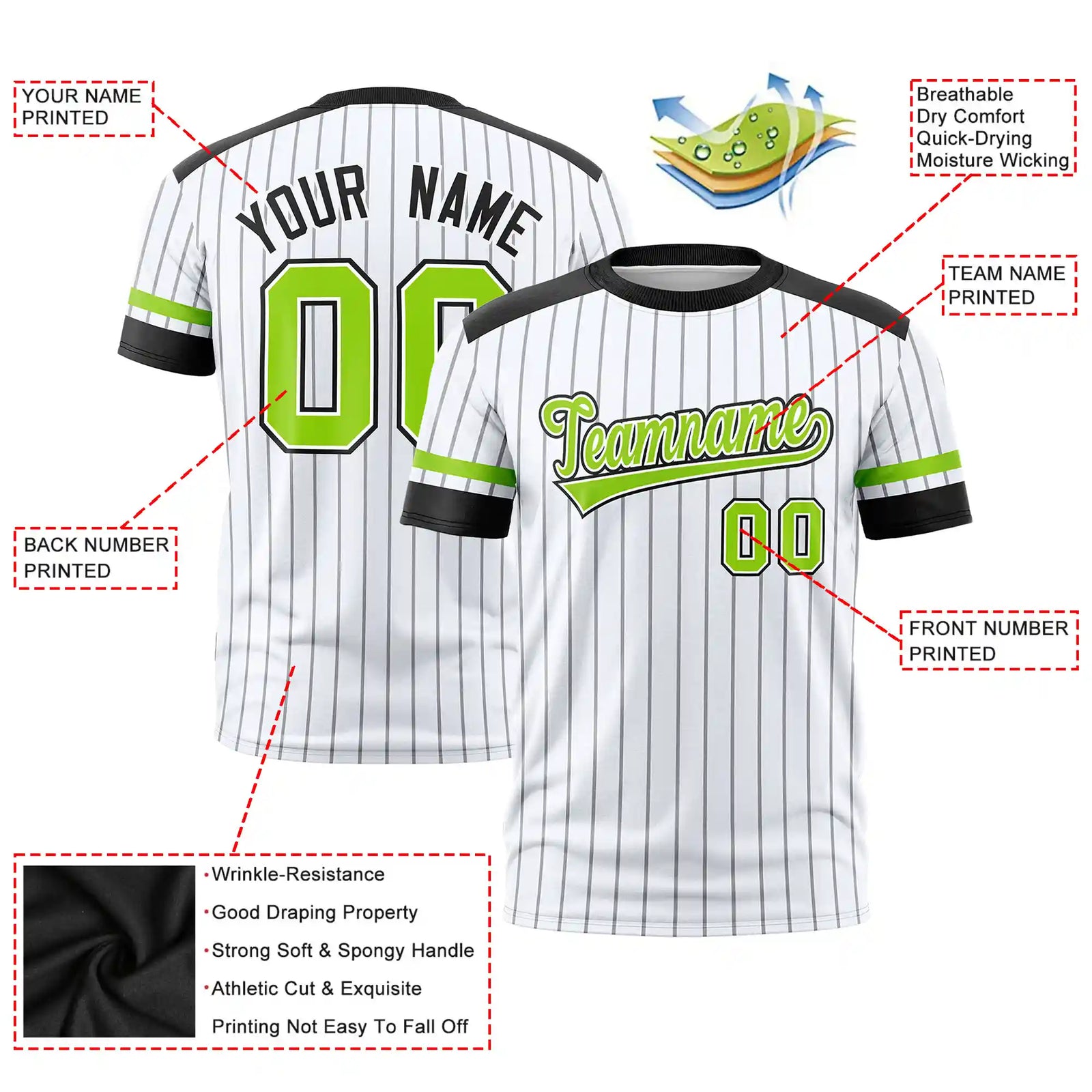 Custom White Black-Neon Green Pinstripe Pattern Design Performance T-Shirt