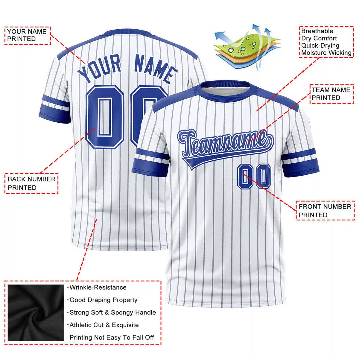 Custom White Black-Royal Blue Pinstripe Pattern Design Performance T-Shirt