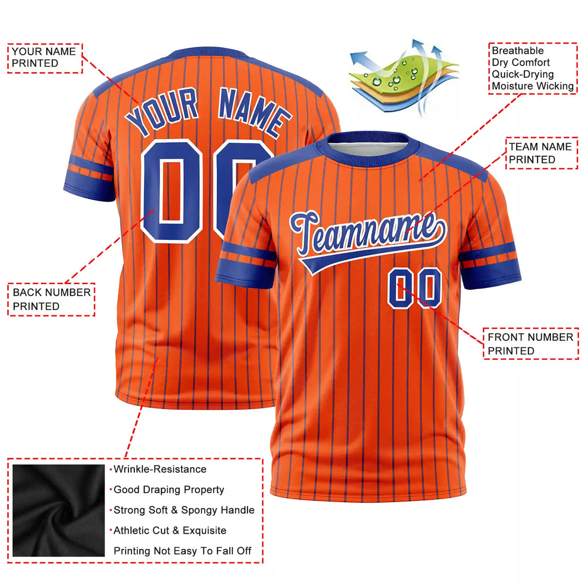 Custom Orange Royal Blue-White Pinstripe Pattern Design Performance T-Shirt