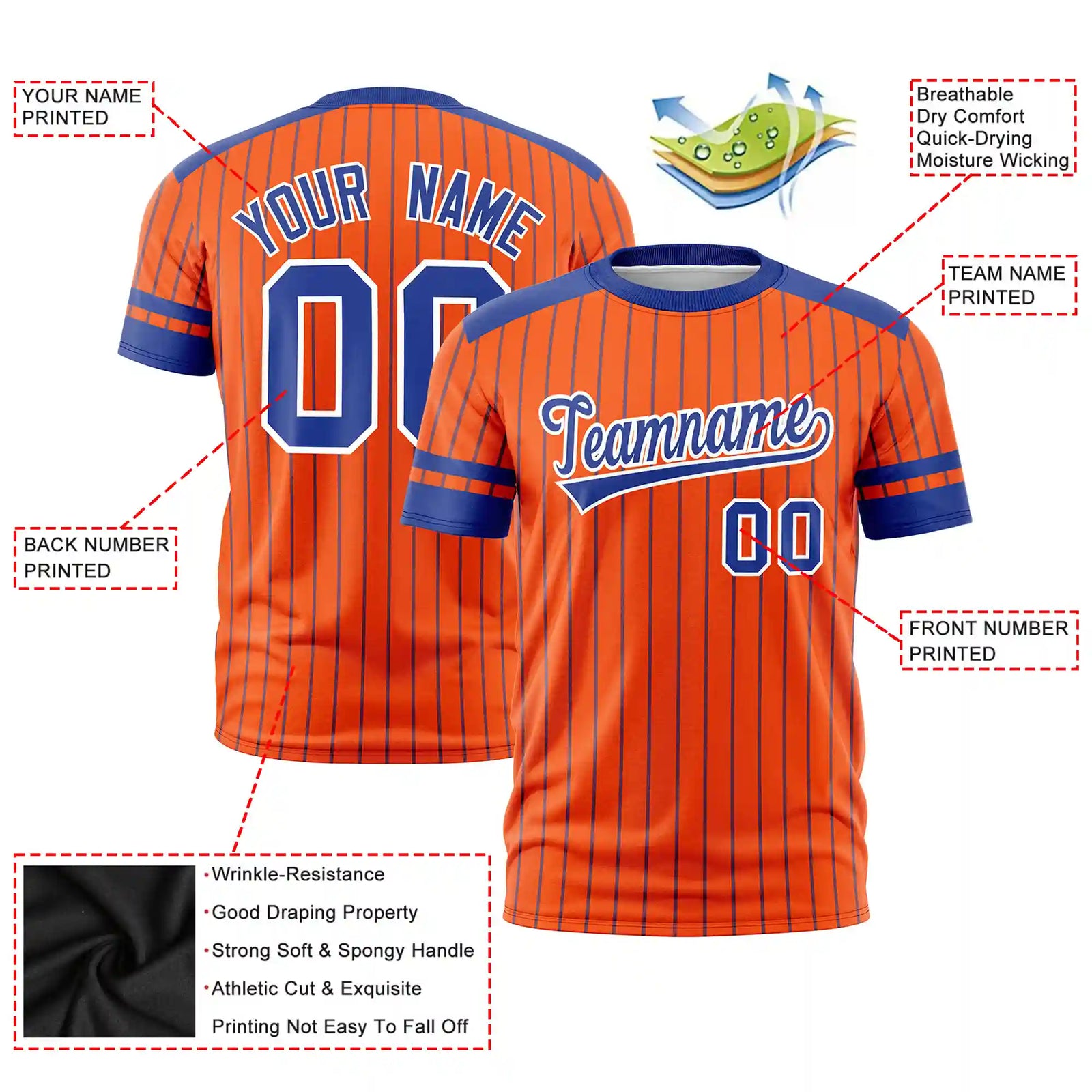 Custom Orange Royal Blue-White Pinstripe Pattern Design Performance T-Shirt